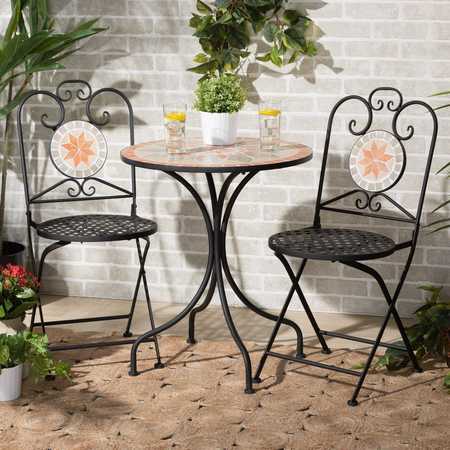 BAXTON STUDIO Santina Contemporary Multi-Colored Ceramic Tile and Black Metal 3-Piece Outdoor Dining Sets 206-12131-12130